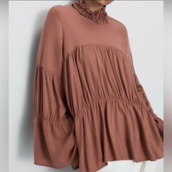 Zara Ruffle Mocked Neck Bell Sleeve Oversized Flowy Tiered Trapeze Blouse M - Picture 1 of 8